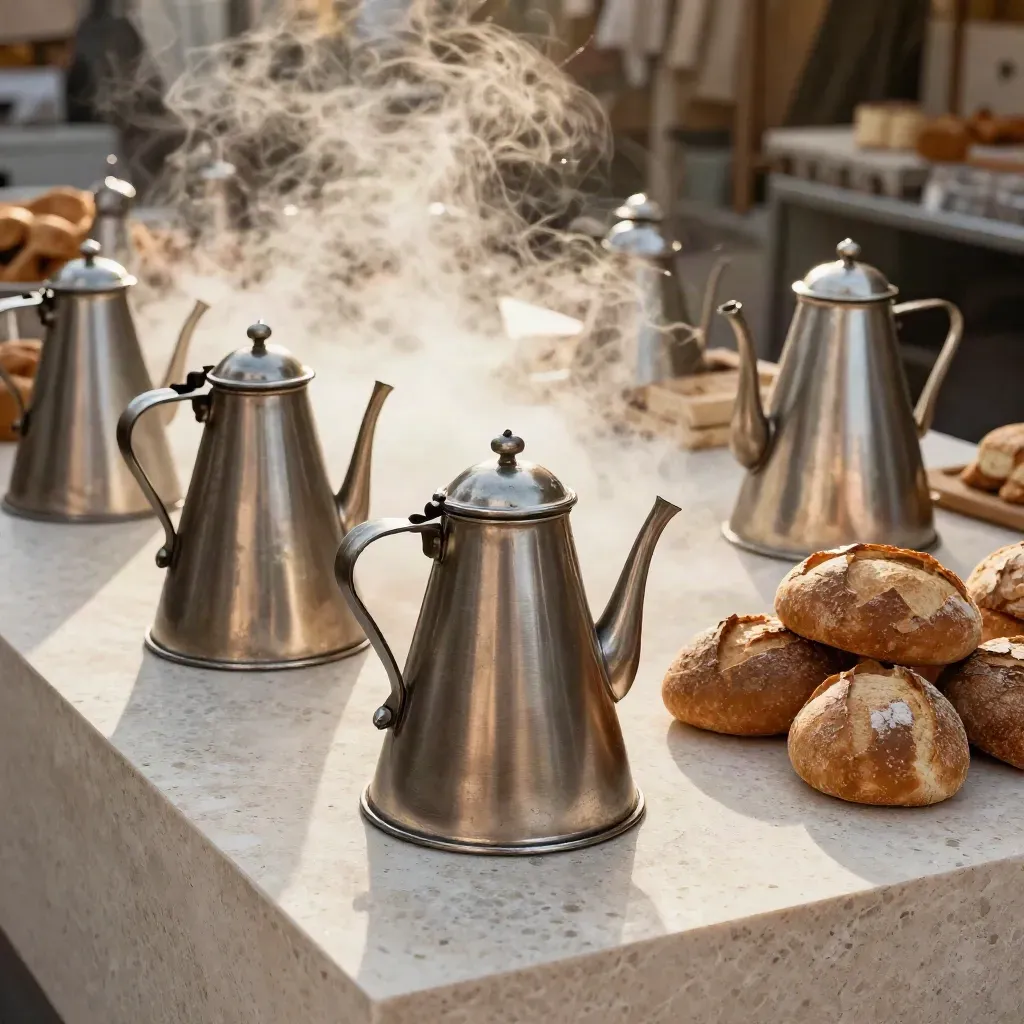 Mahalle mutfağında buhar tüten büyük tencere, ekmek sepetleri ve servis kapları.